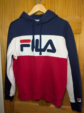 FILA Mens Hoodie Small Colorblock Navy White Red Big Logo Pullover